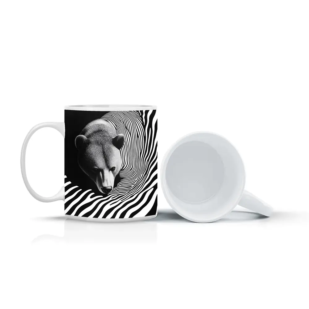Black White Bear Op Art Striped Pattern – Mugs