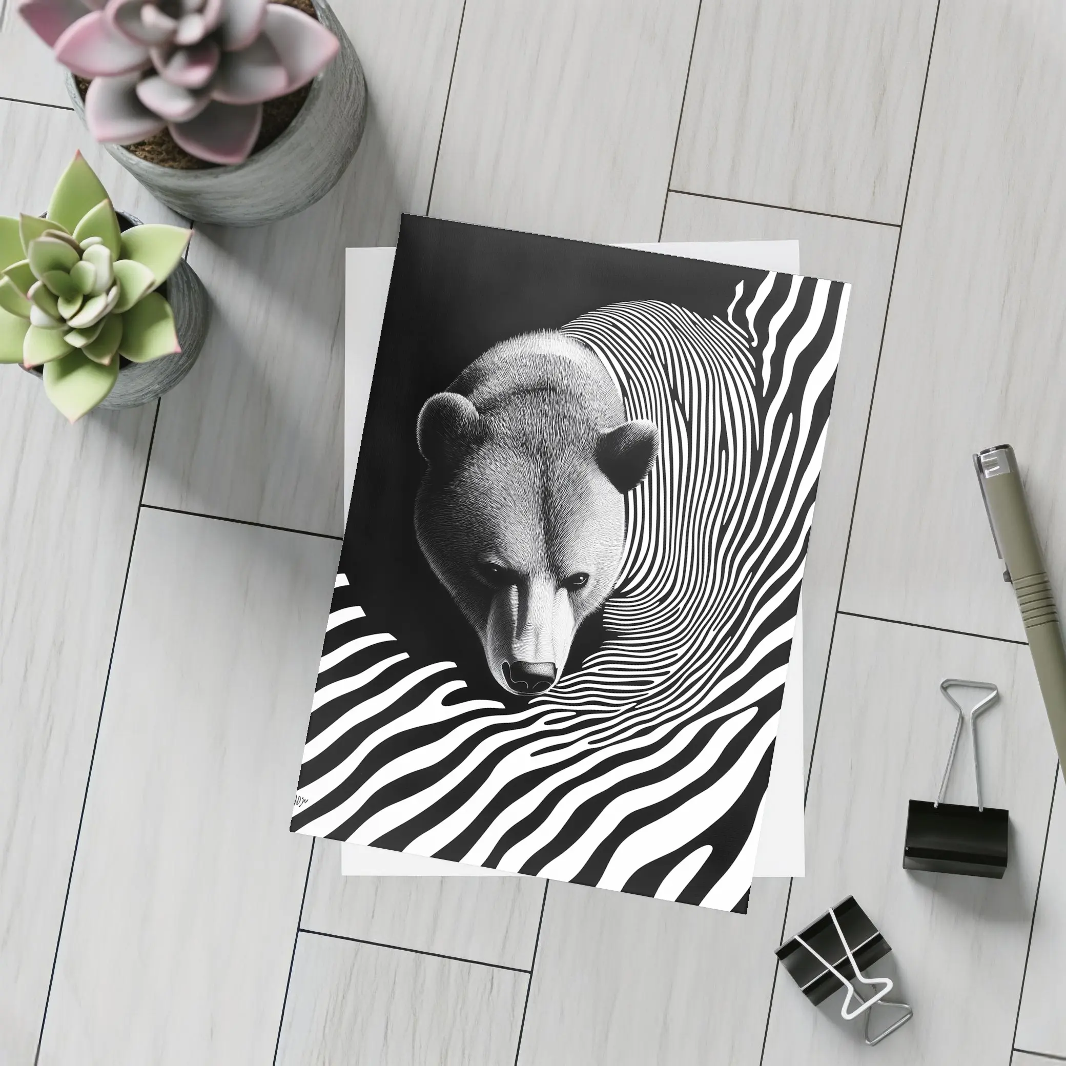 Black White Bear Op Art Striped Pattern – Postcards