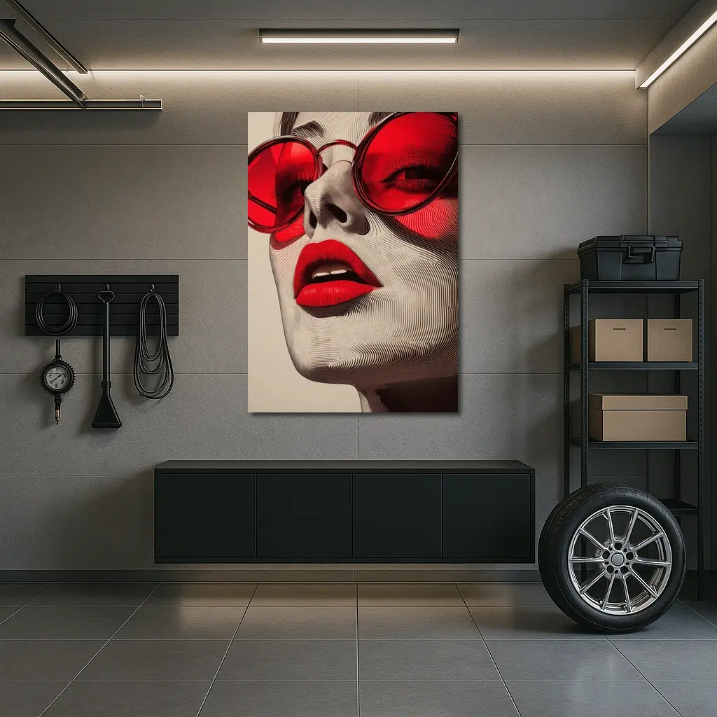 Woman Red Sunglasses Bold Lips Line Art – Wall Art