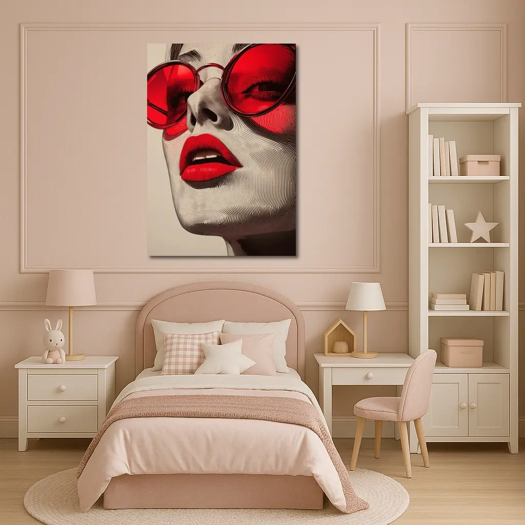 Woman Red Sunglasses Bold Lips Line Art – Wall Art