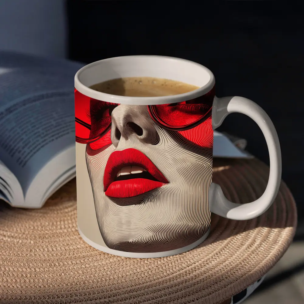 Woman Red Sunglasses Bold Lips Line Art – Mugs