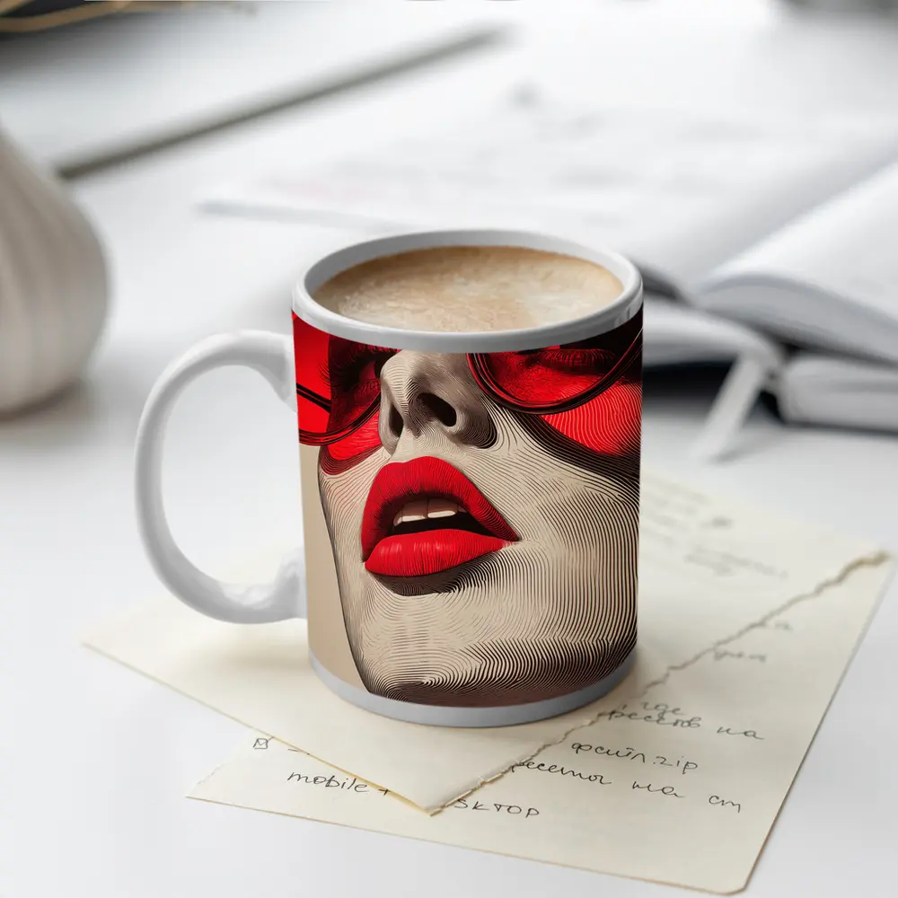 Woman Red Sunglasses Bold Lips Line Art – Mugs