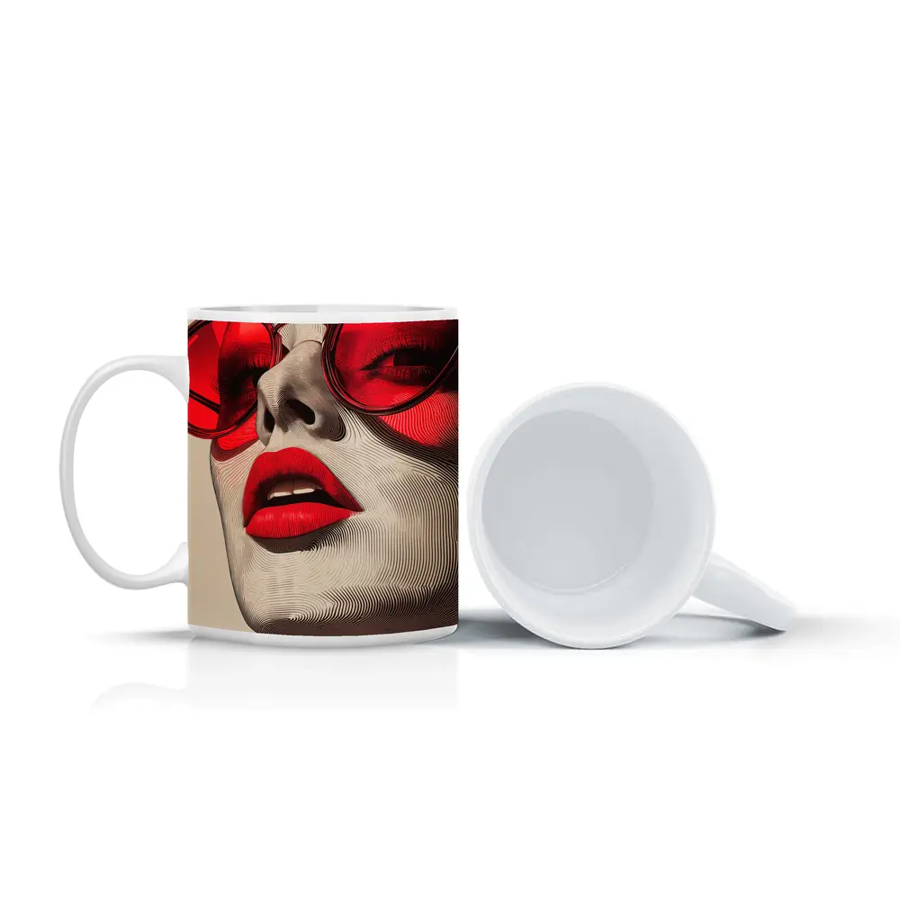 Woman Red Sunglasses Bold Lips Line Art – Mugs