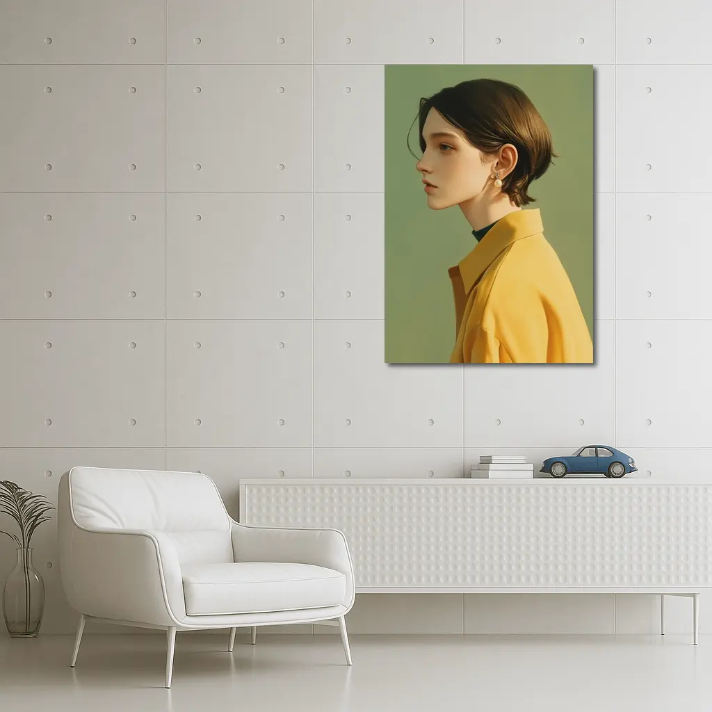 Young Woman Portrait Yellow Jacket Green Background – Wall Art