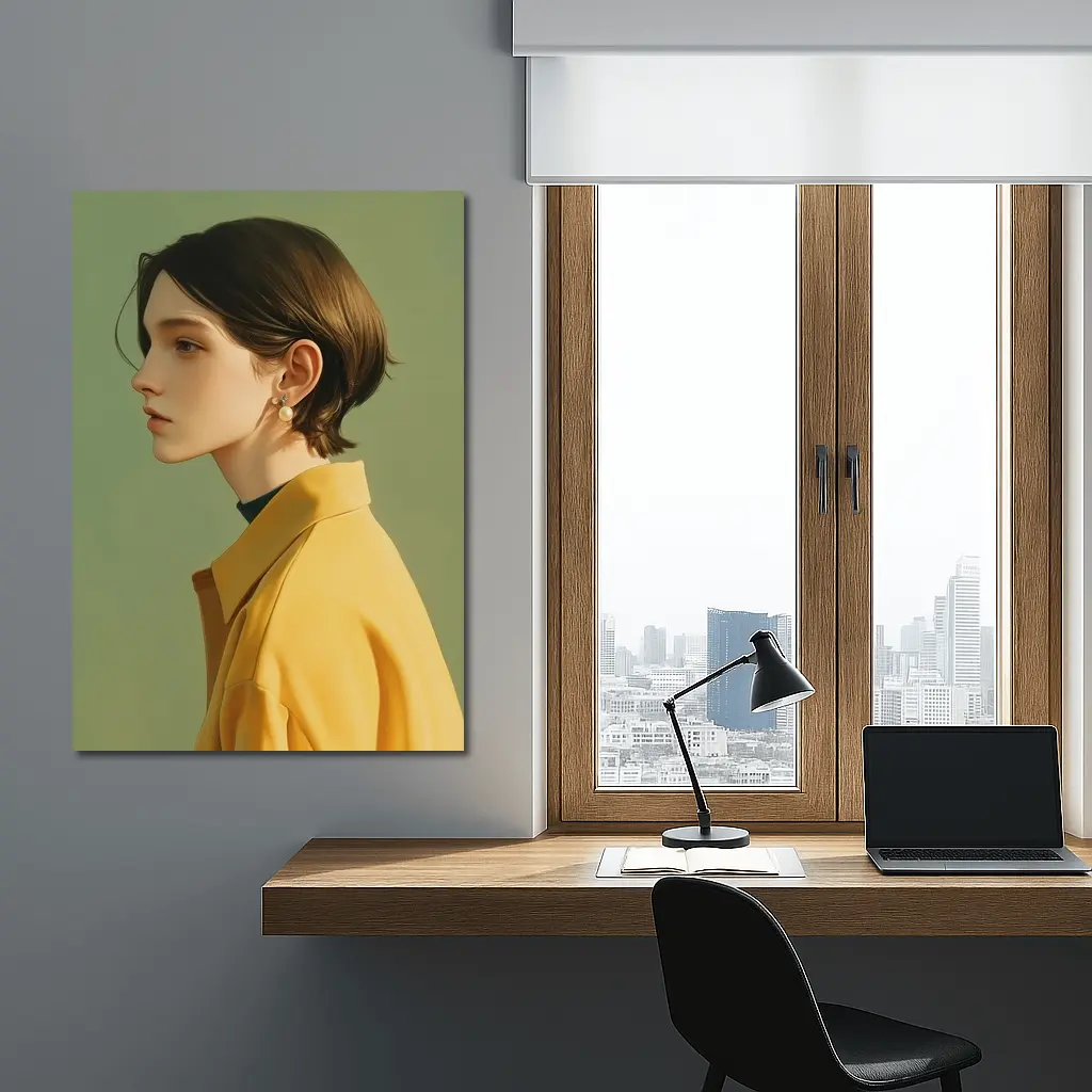 Young Woman Portrait Yellow Jacket Green Background – Wall Art