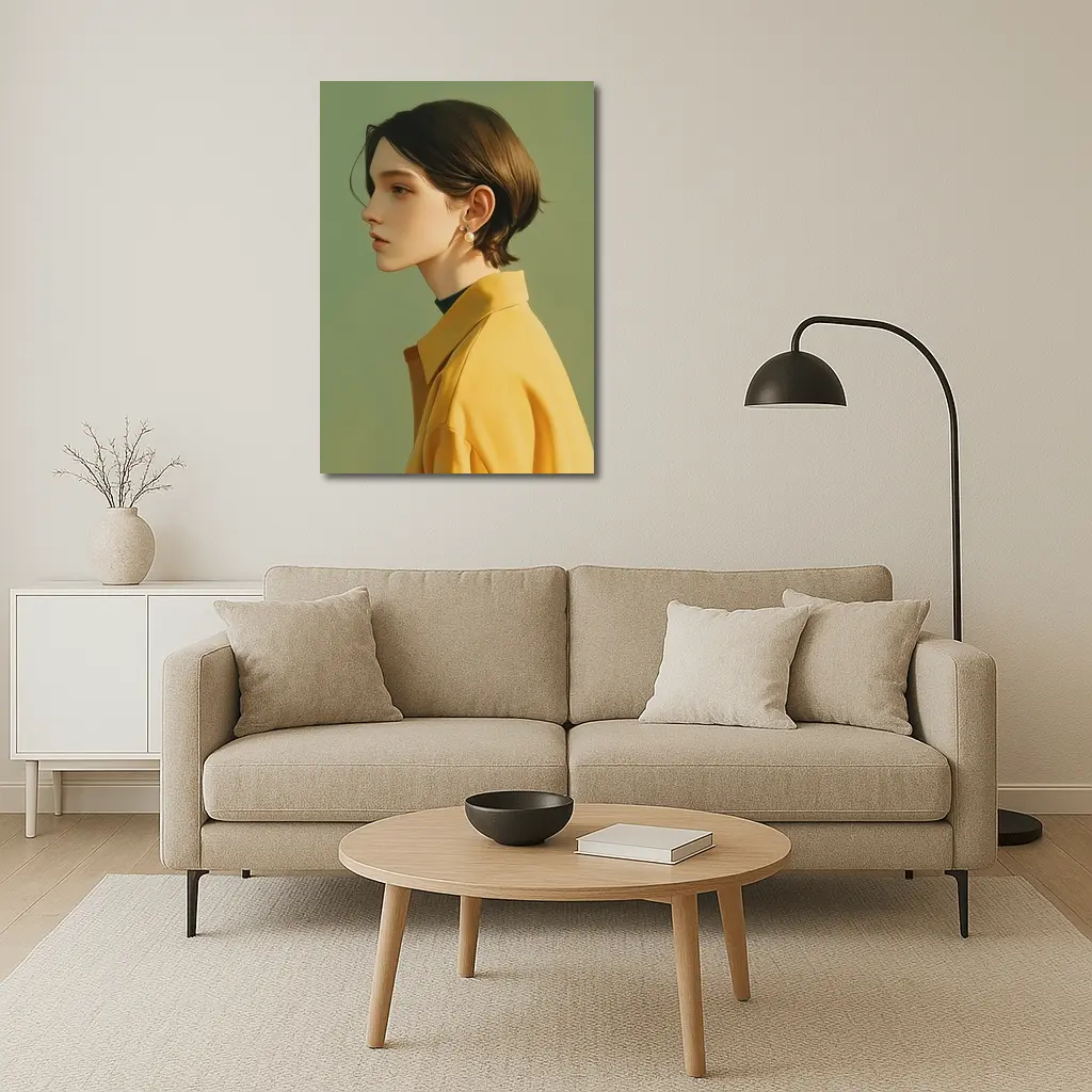 Young Woman Portrait Yellow Jacket Green Background – Wall Art
