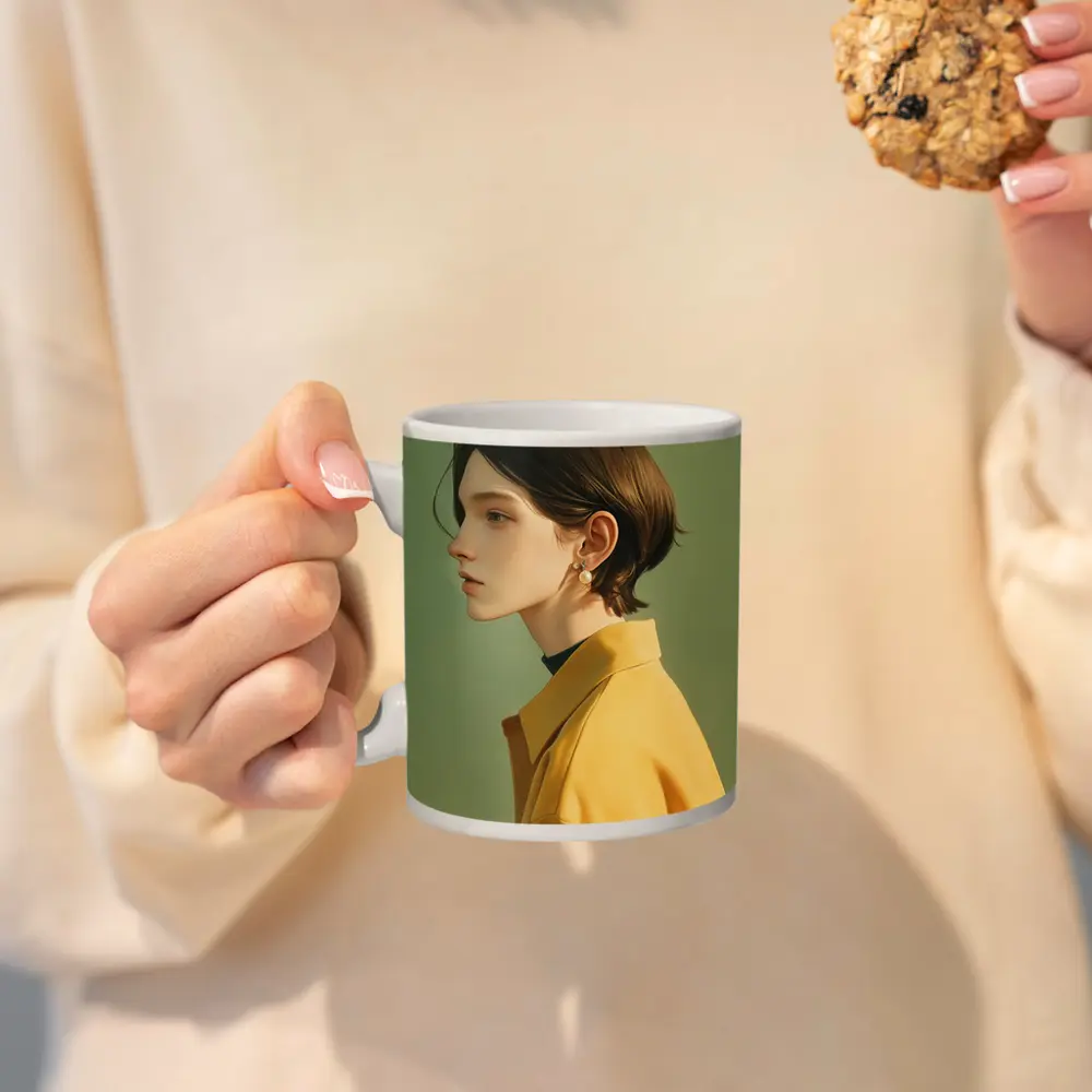 Young Woman Portrait Yellow Jacket Green Background – Mugs