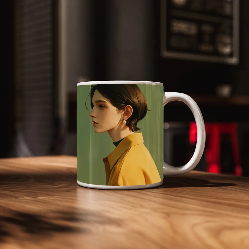 Young Woman Portrait Yellow Jacket Green Background – Mugs