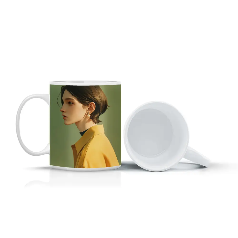 Young Woman Portrait Yellow Jacket Green Background – Mugs