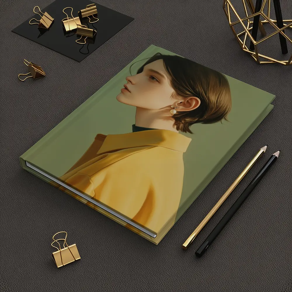 Young Woman Portrait Yellow Jacket Green Background – Notebooks