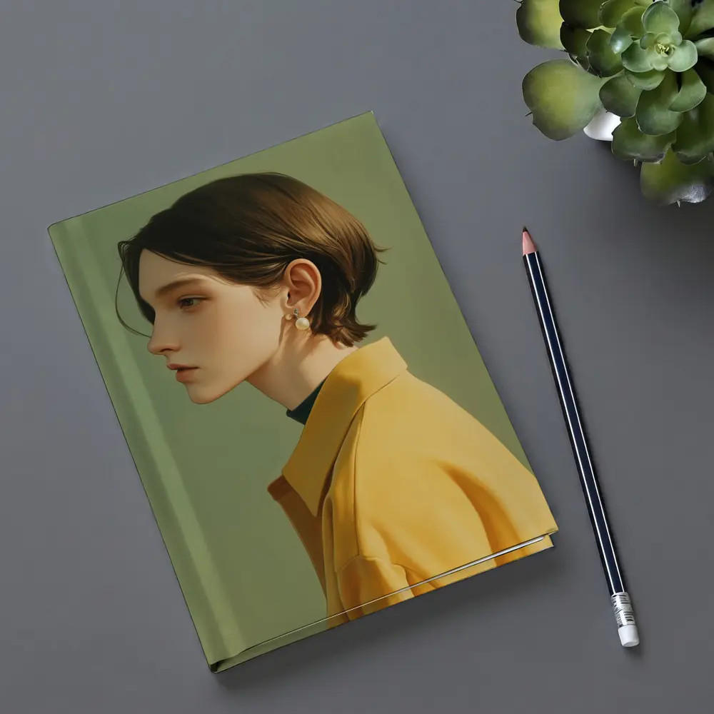 Young Woman Portrait Yellow Jacket Green Background – Notebooks
