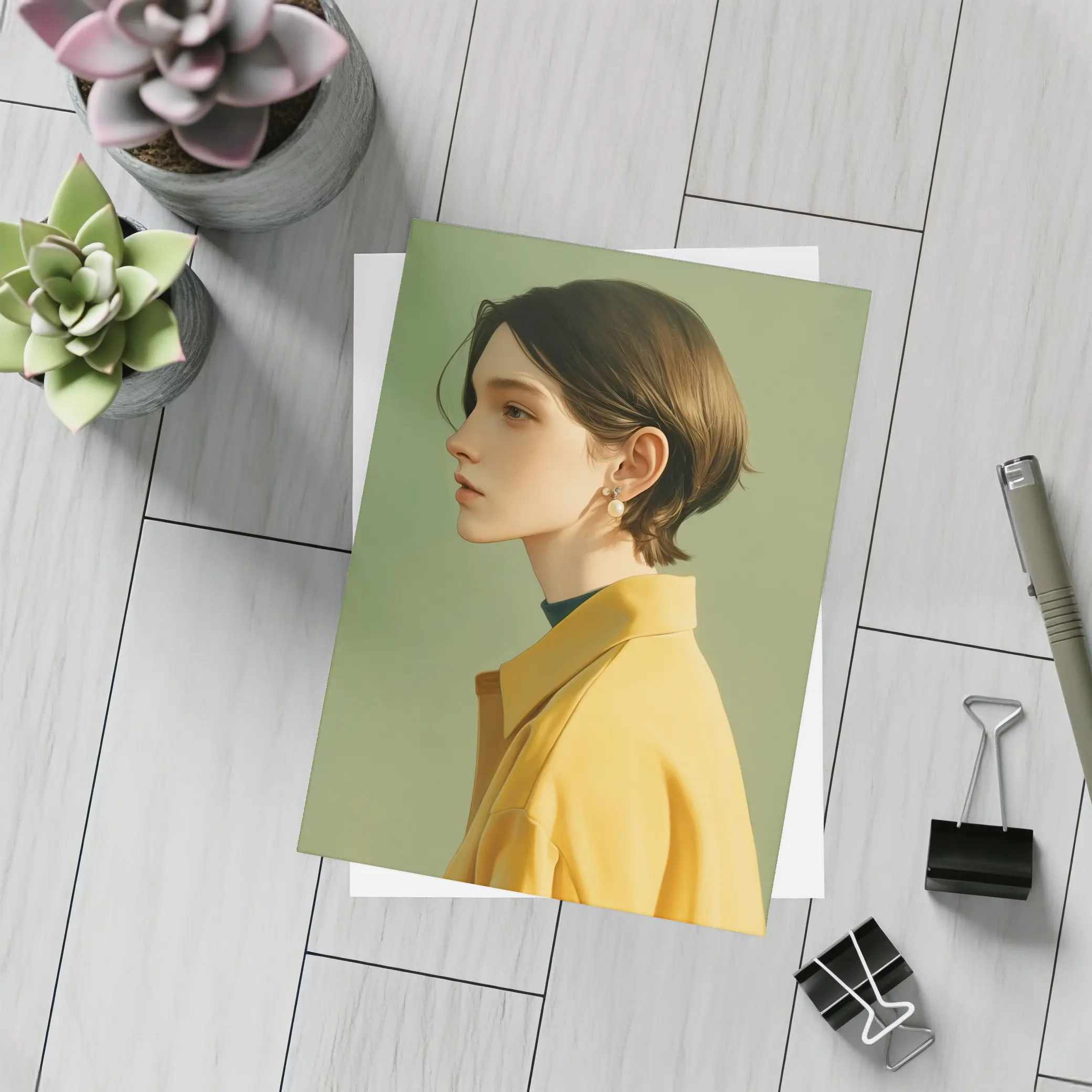 Young Woman Portrait Yellow Jacket Green Background – Postcards