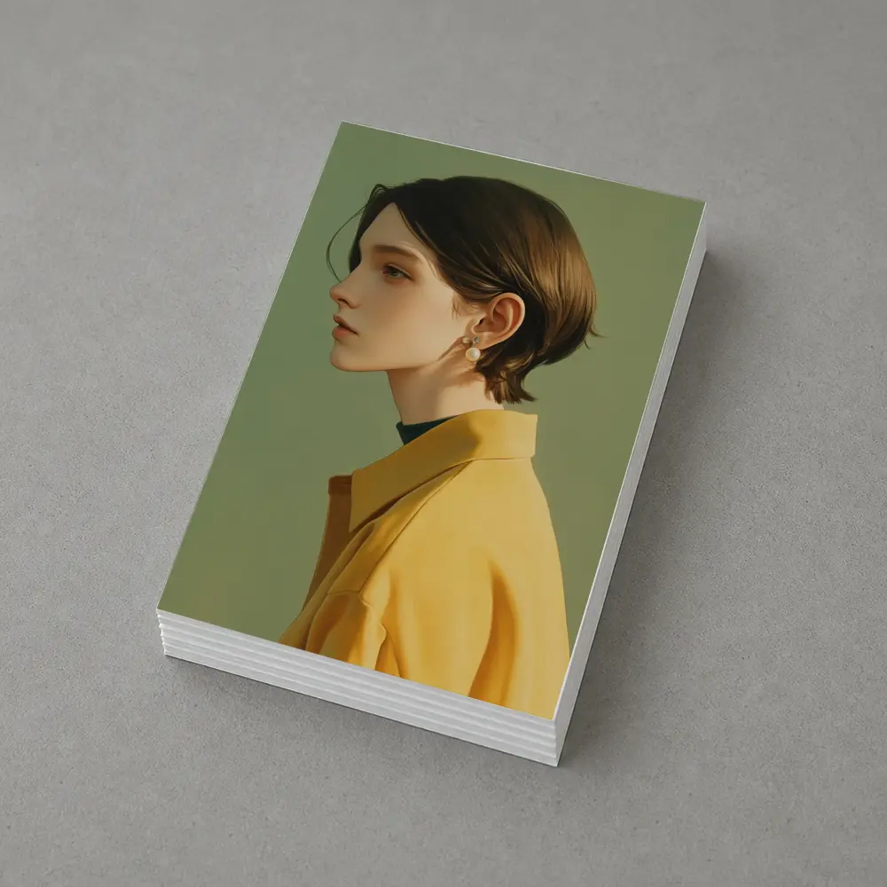 Young Woman Portrait Yellow Jacket Green Background – Postcards
