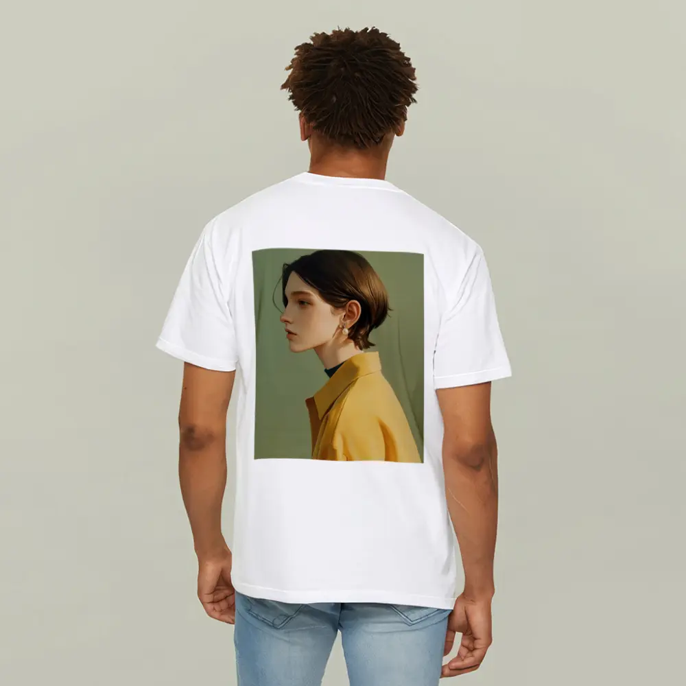 Young Woman Portrait Yellow Jacket Green Background – T-Shirts
