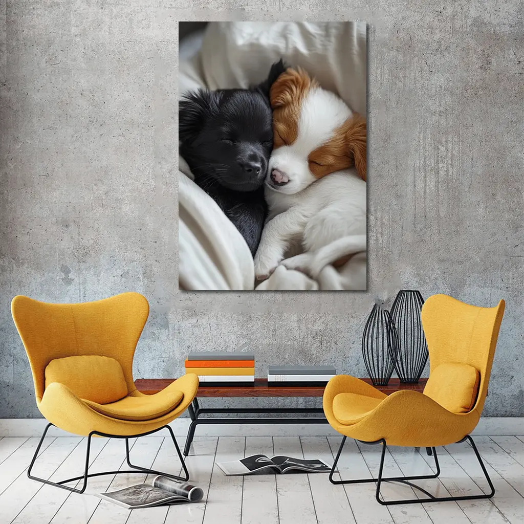 Two Sleeping Puppies Cuddled In Blankets – Wall Art