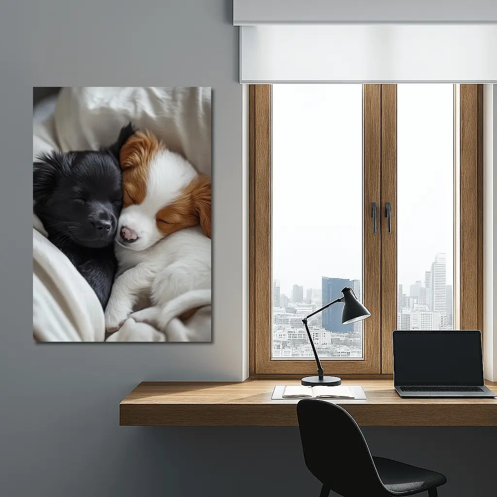 Two Sleeping Puppies Cuddled In Blankets – Wall Art