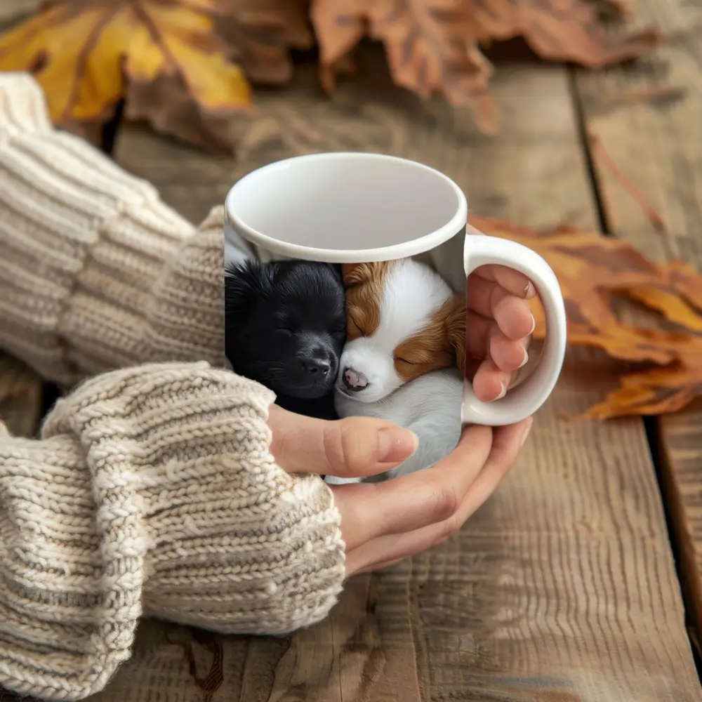 Two Sleeping Puppies Cuddled In Blankets – Mugs