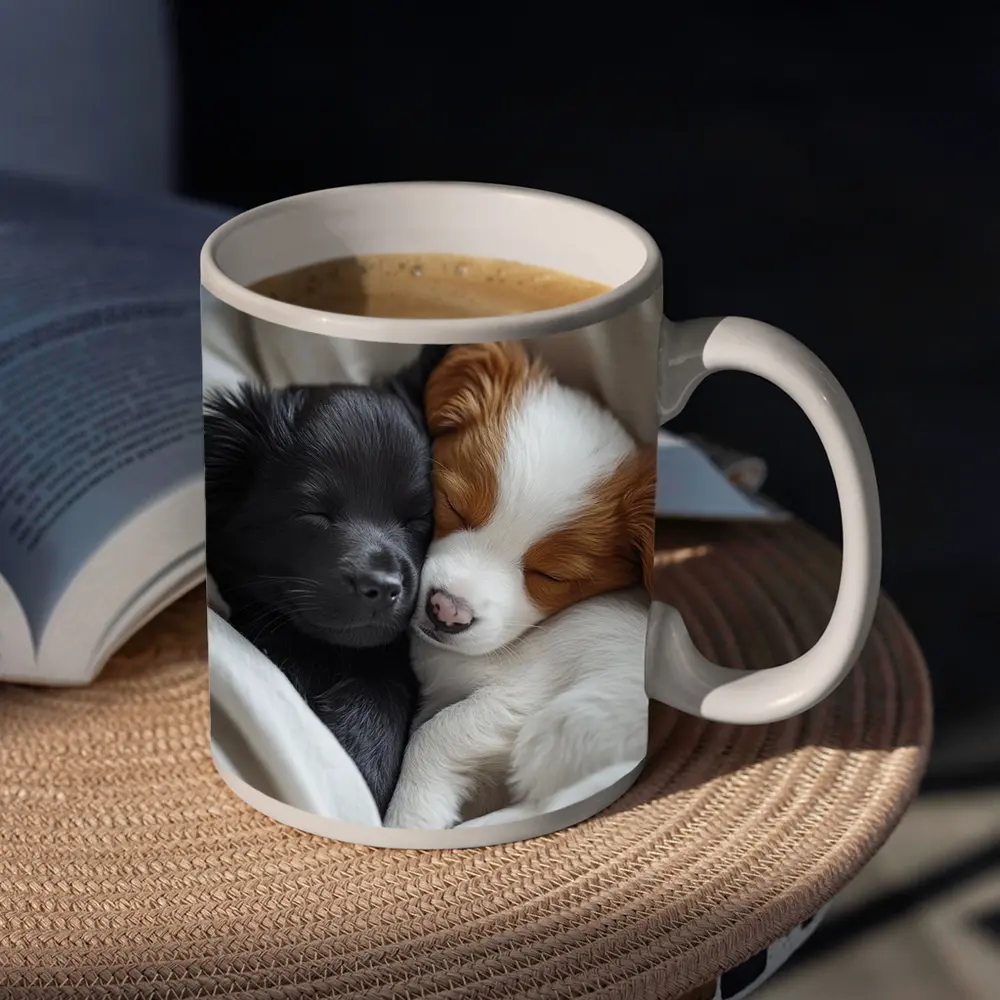 Two Sleeping Puppies Cuddled In Blankets – Mugs