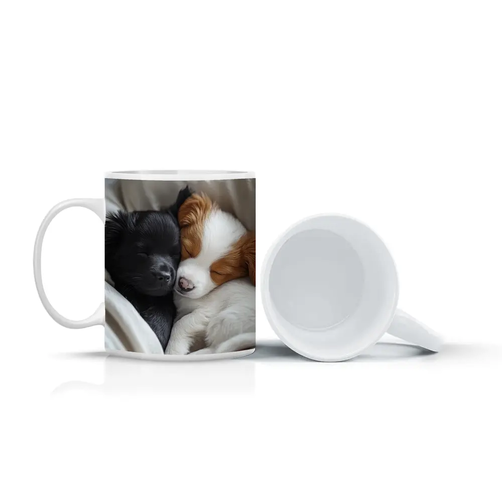Two Sleeping Puppies Cuddled In Blankets – Mugs