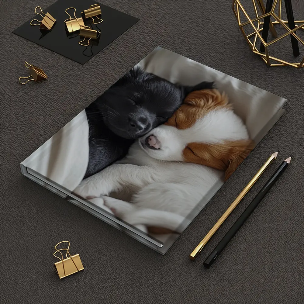 Two Sleeping Puppies Cuddled In Blankets – Notebooks