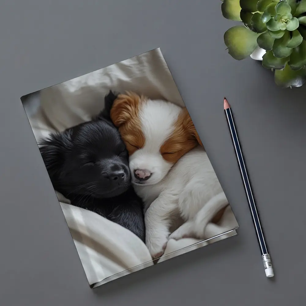 Two Sleeping Puppies Cuddled In Blankets – Notebooks