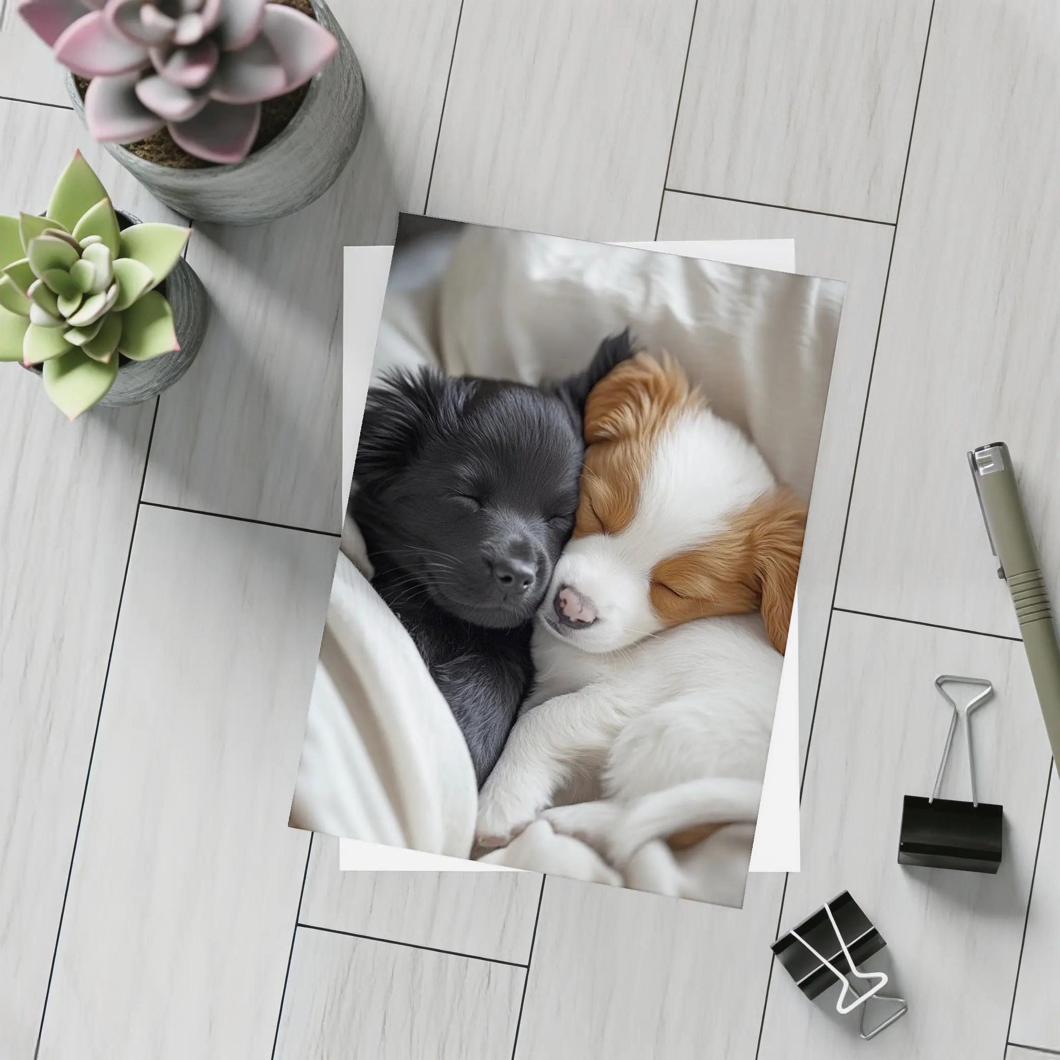 Two Sleeping Puppies Cuddled In Blankets – Postcards