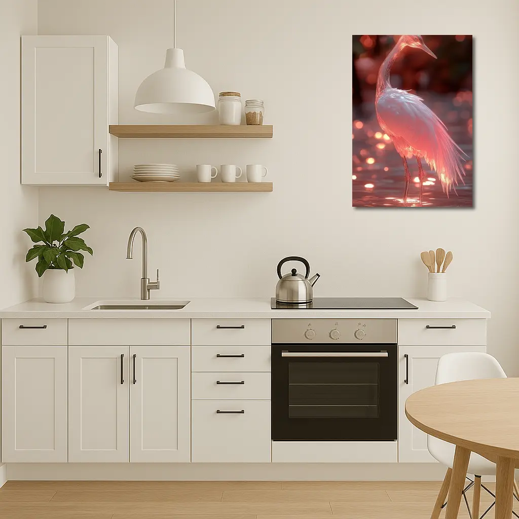Glowing Egret Wading in Pink Water – Wall Art