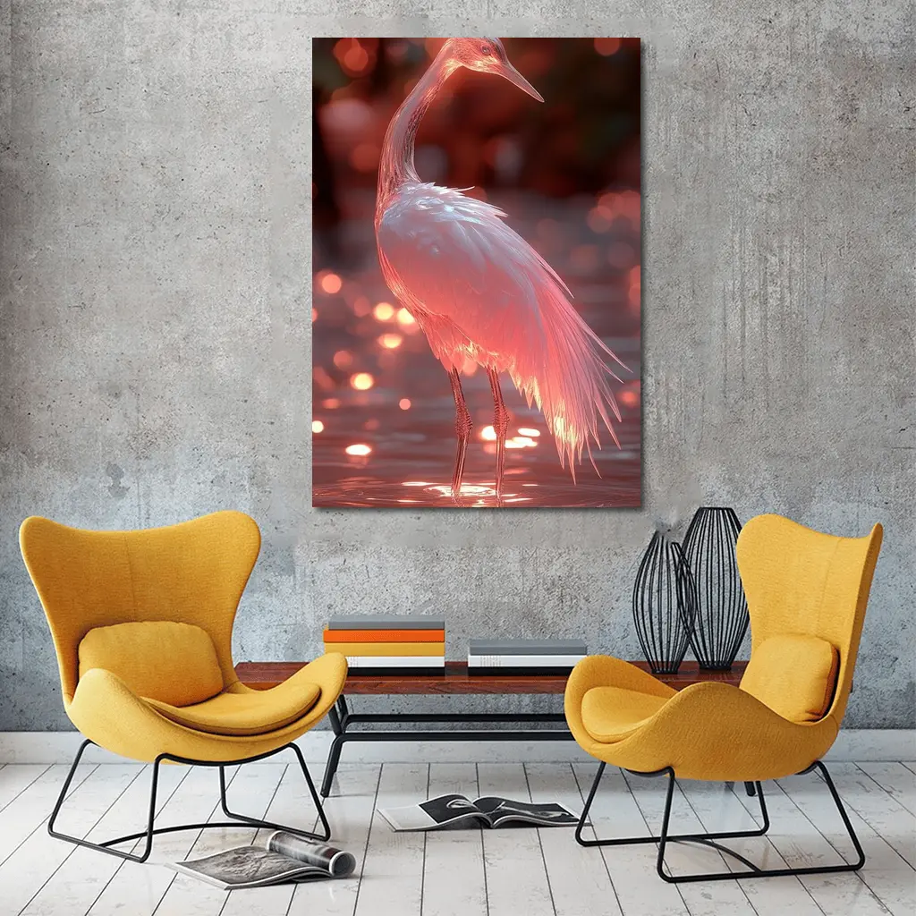 Glowing Egret Wading in Pink Water – Wall Art