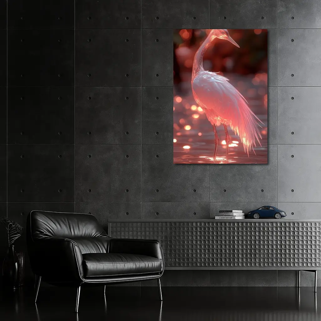Glowing Egret Wading in Pink Water – Wall Art
