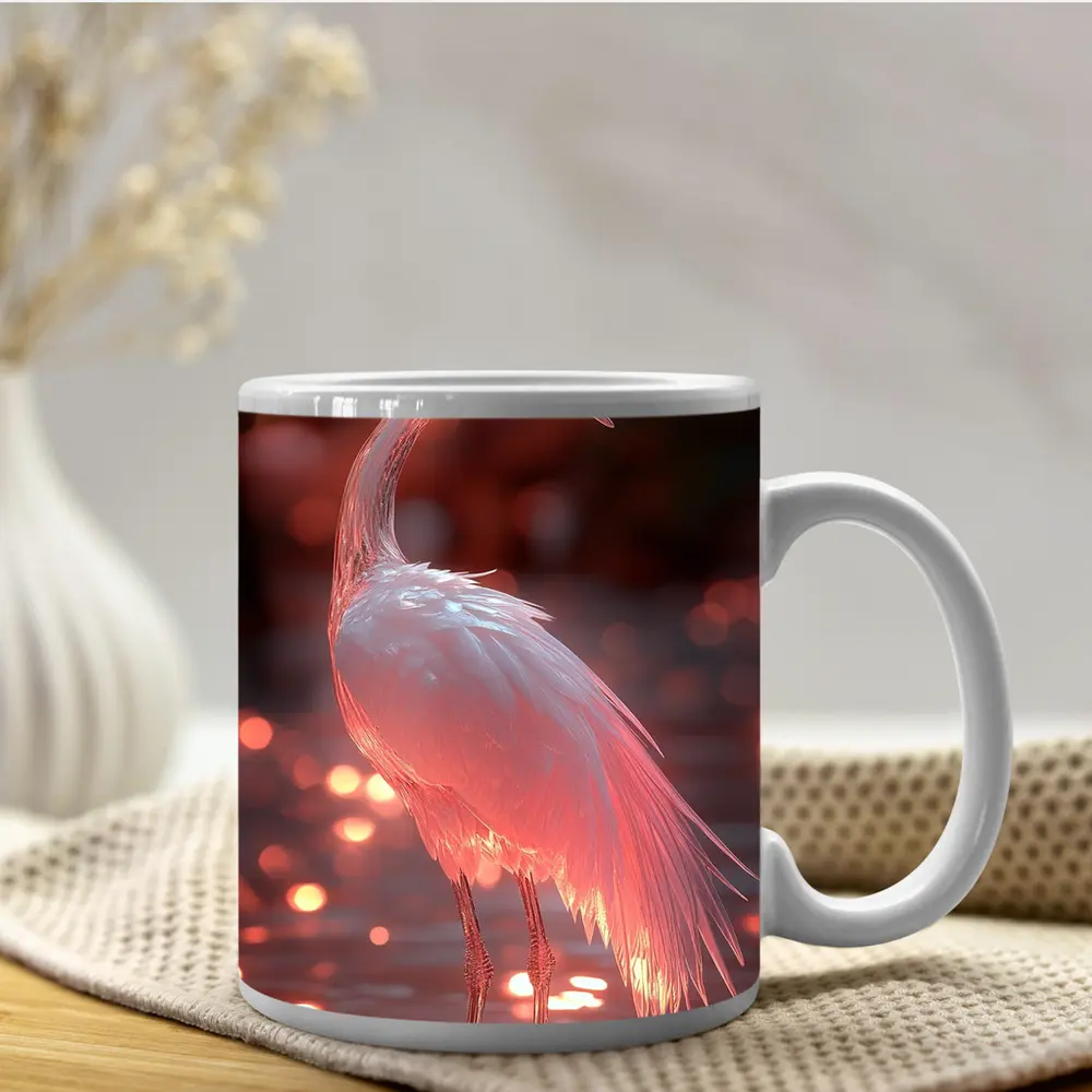Glowing Egret Wading in Pink Water – Mugs