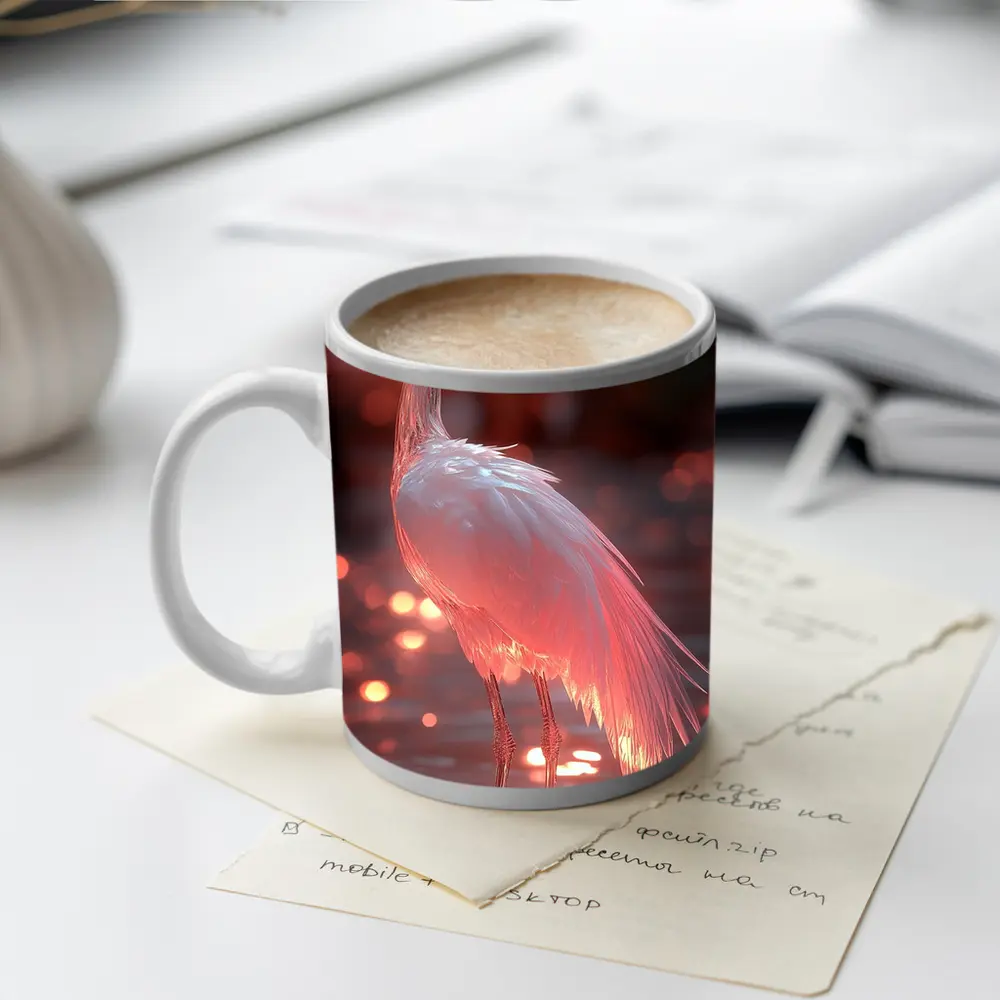Glowing Egret Wading in Pink Water – Mugs