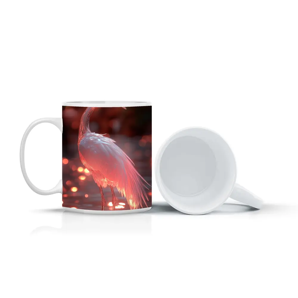 Glowing Egret Wading in Pink Water – Mugs