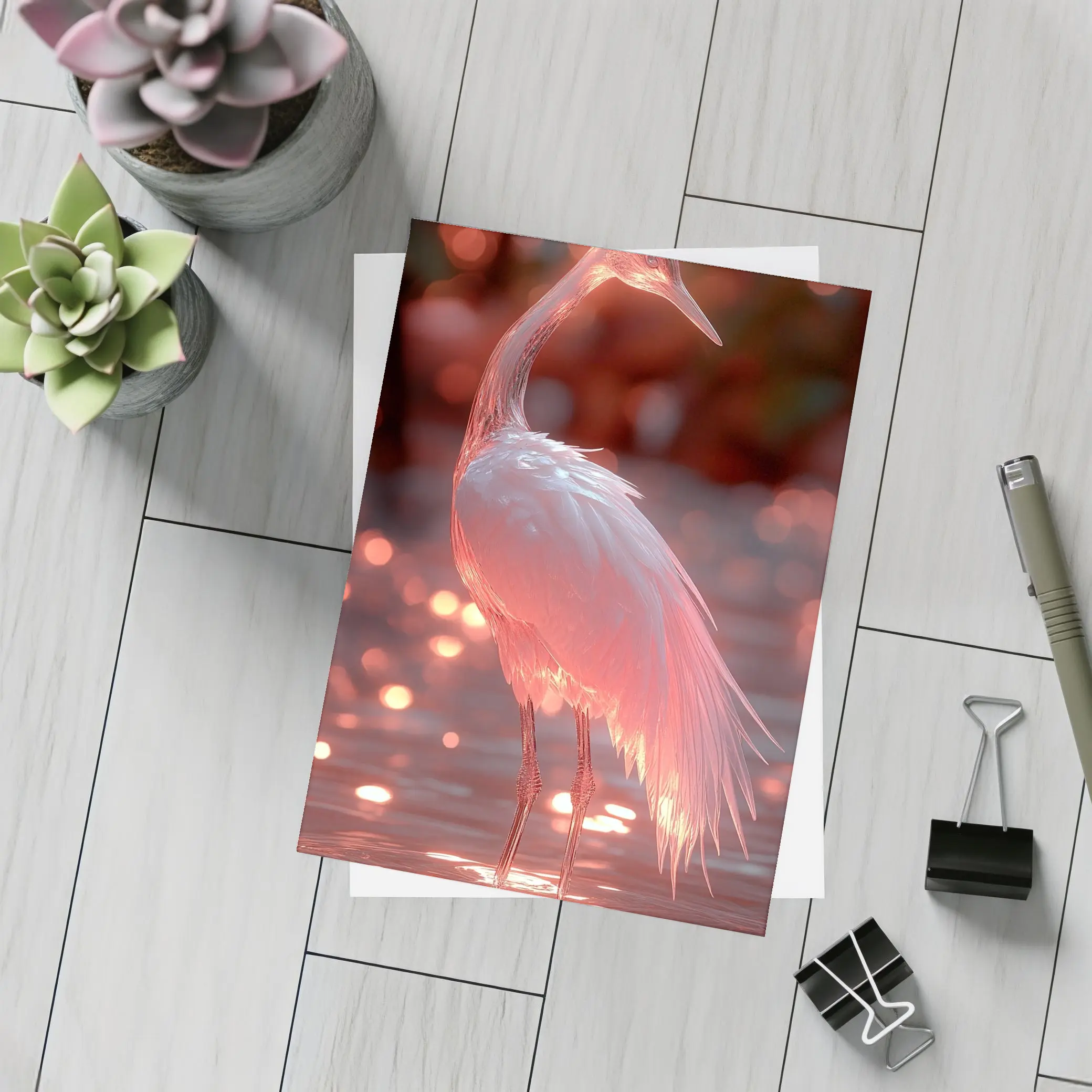 Glowing Egret Wading in Pink Water – Postcards