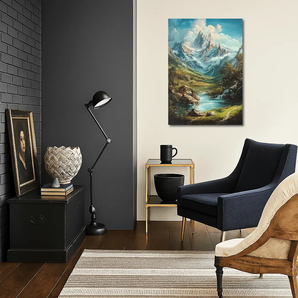 Alpine Mountain Valley River Landscape Painting – Wall Art