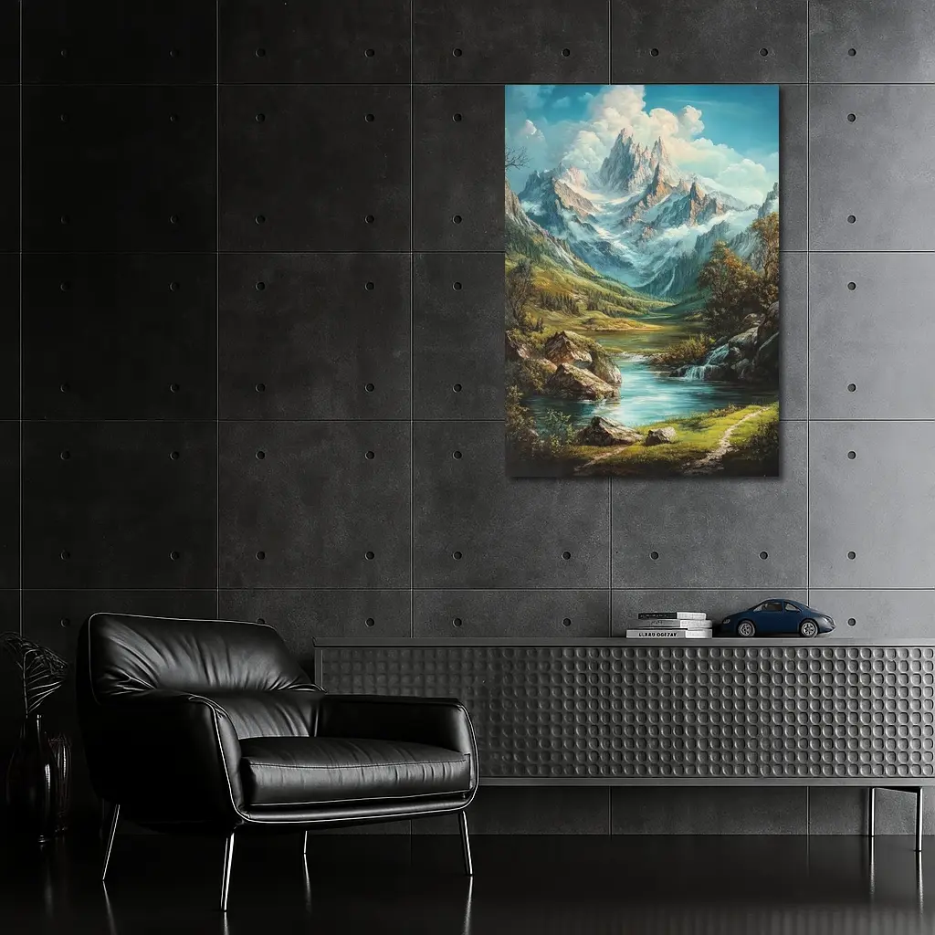 Alpine Mountain Valley River Landscape Painting – Wall Art
