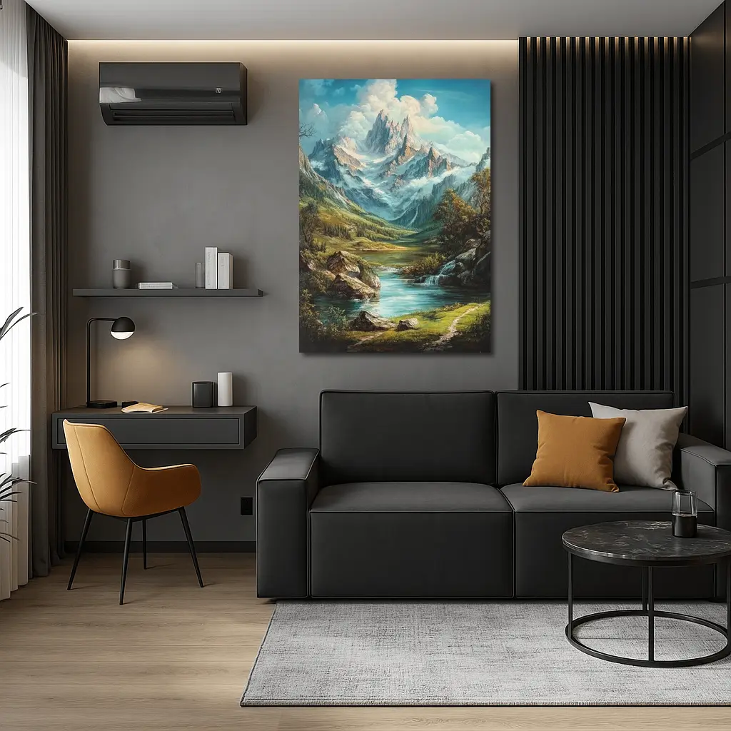 Alpine Mountain Valley River Landscape Painting – Wall Art