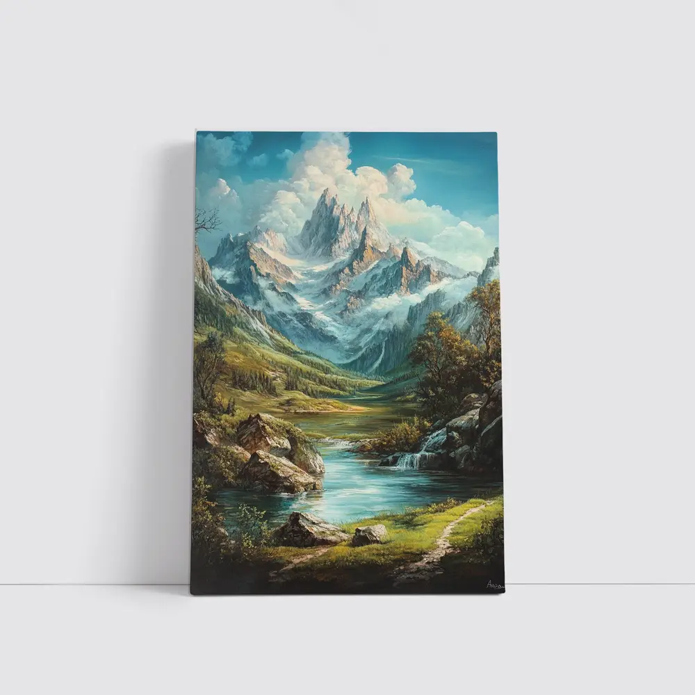 Alpine Mountain Valley River Landscape Painting – Wall Art