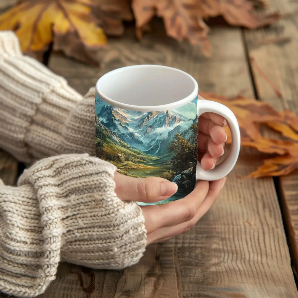 Alpine Mountain Valley River Landscape Painting – Mugs