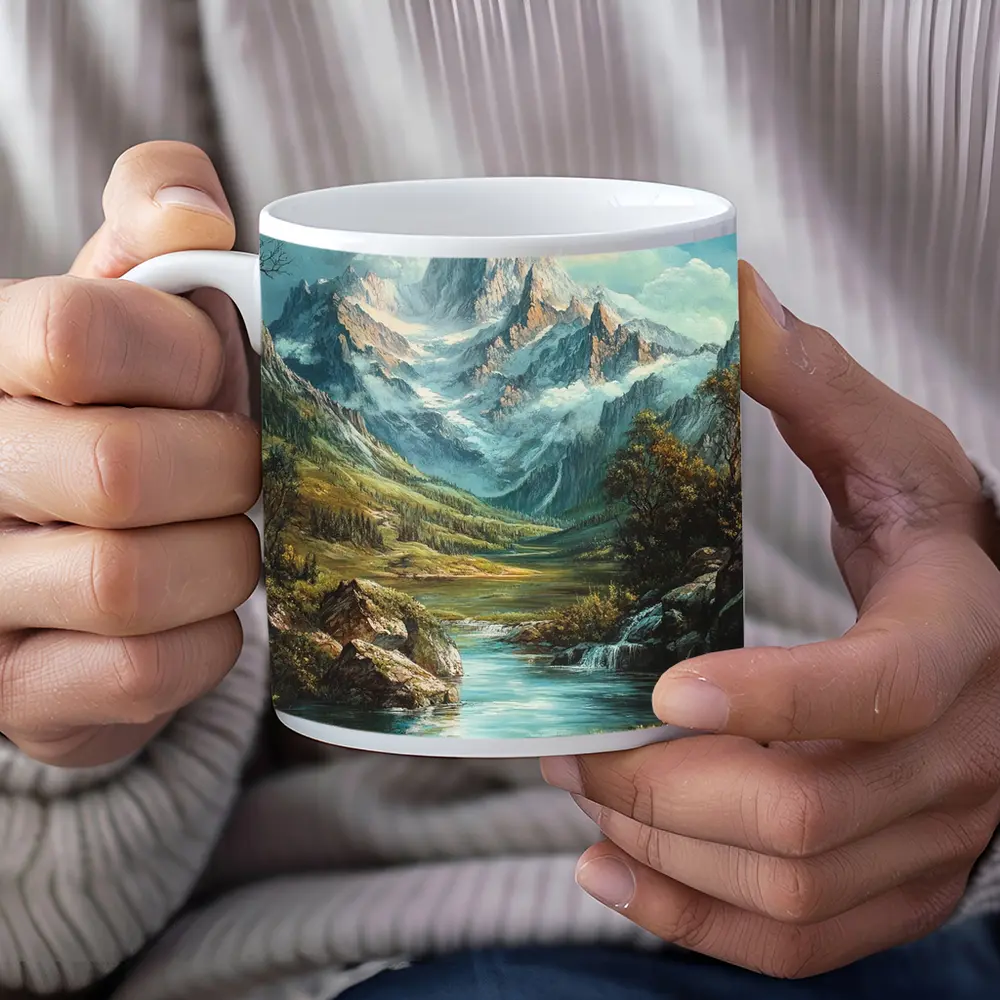 Alpine Mountain Valley River Landscape Painting – Mugs