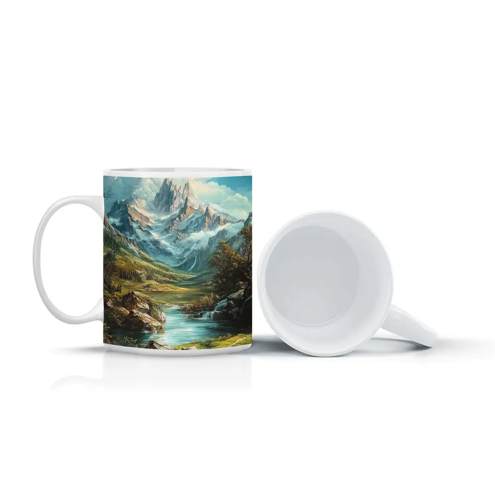 Alpine Mountain Valley River Landscape Painting – Mugs