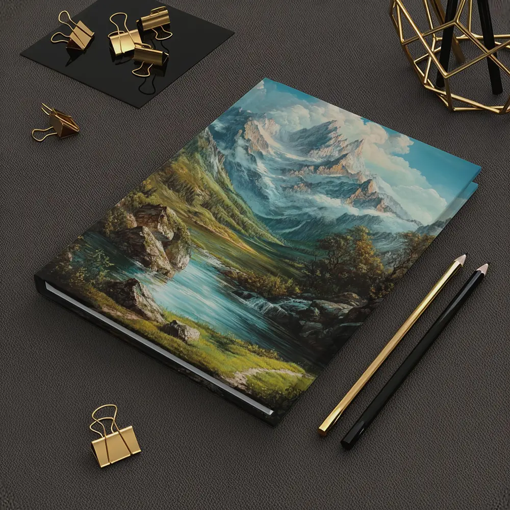 Alpine Mountain Valley River Landscape Painting – Notebooks