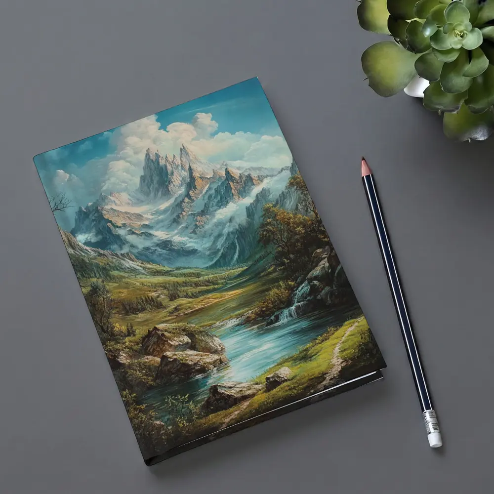Alpine Mountain Valley River Landscape Painting – Notebooks