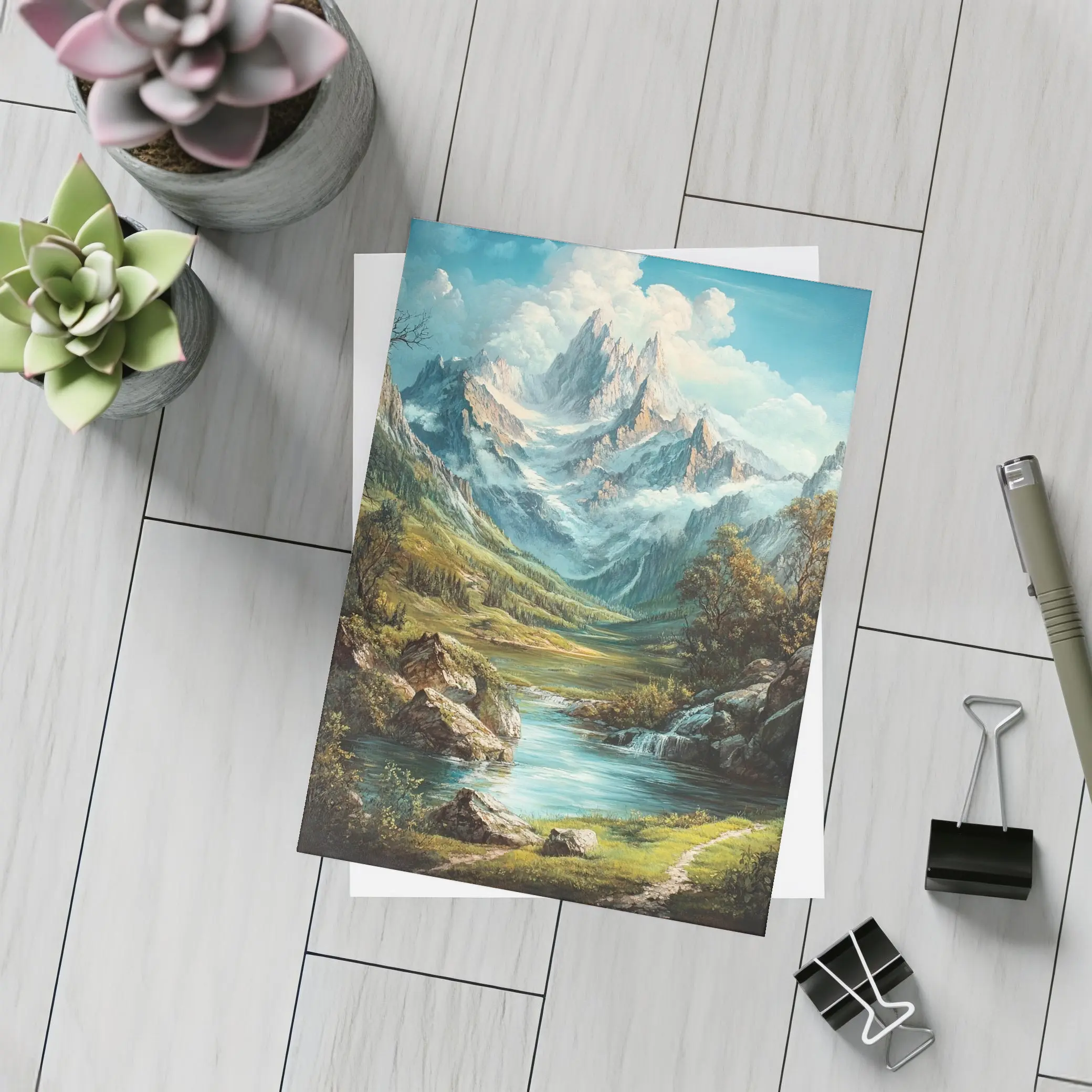 Alpine Mountain Valley River Landscape Painting – Postcards