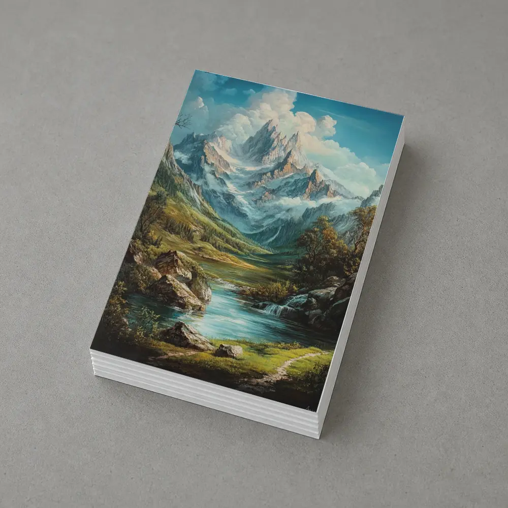 Alpine Mountain Valley River Landscape Painting – Postcards