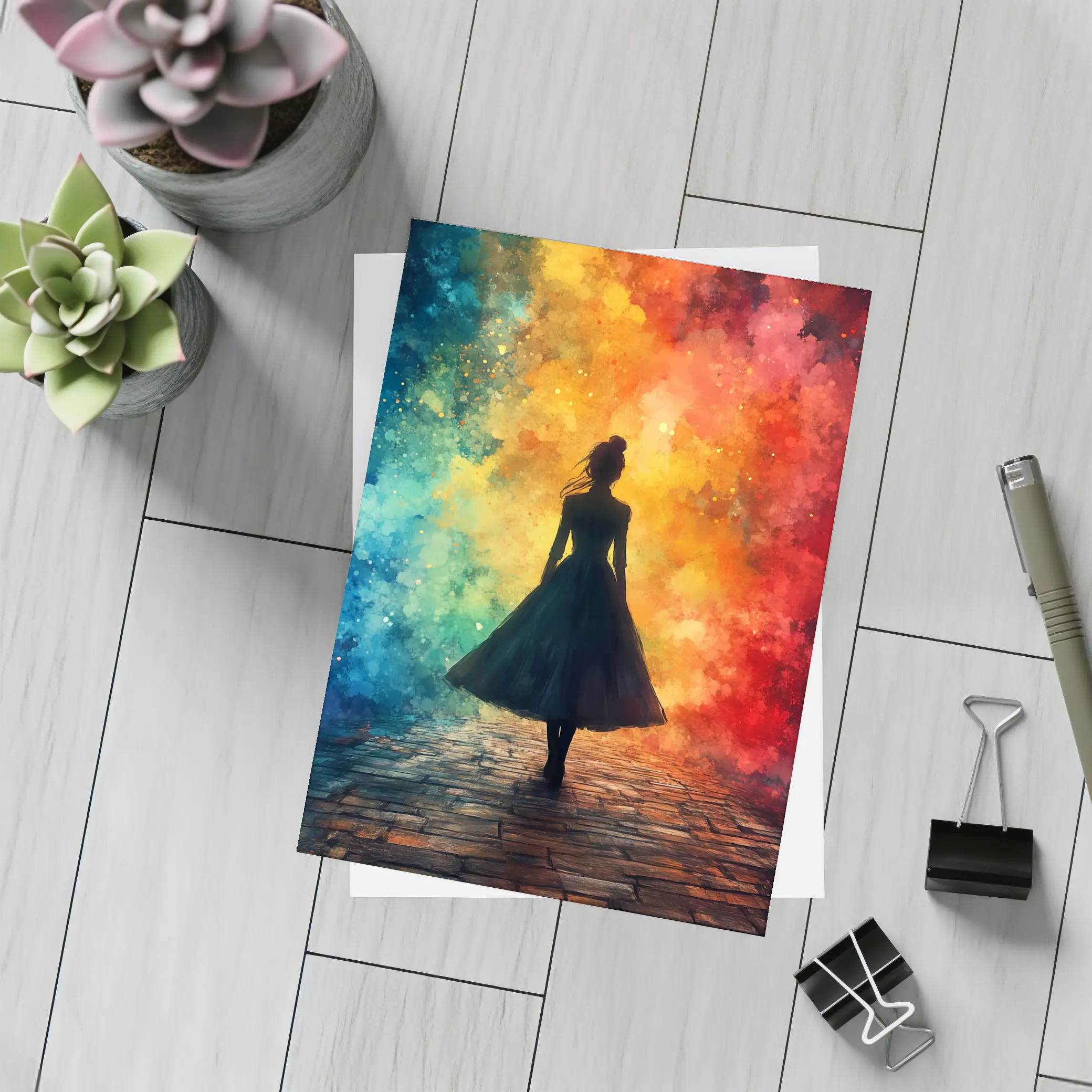 Woman Silhouette Colorful Watercolor Smoke Background – Postcards
