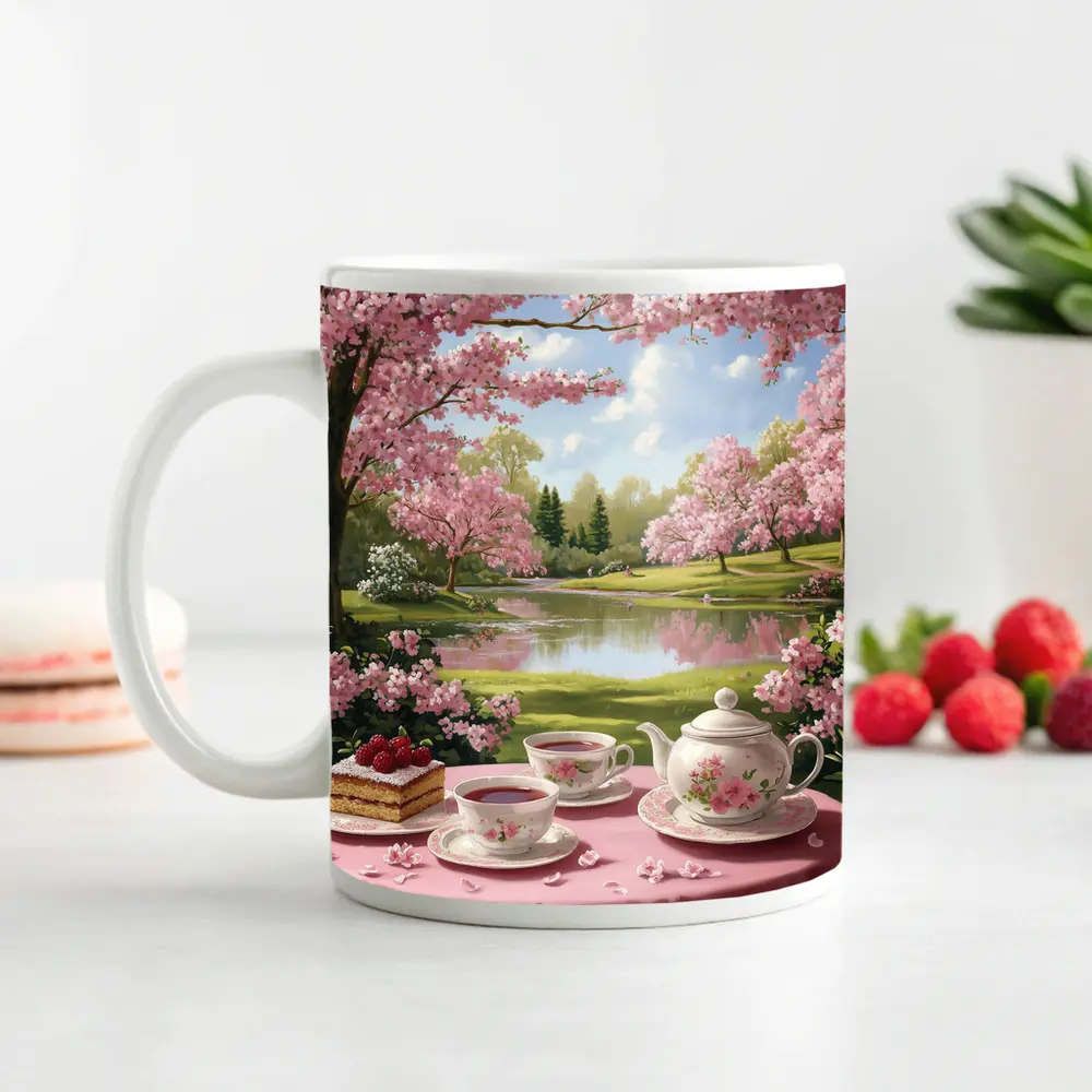 Cherry Blossom Tea Table Spring Park Scene – Mugs
