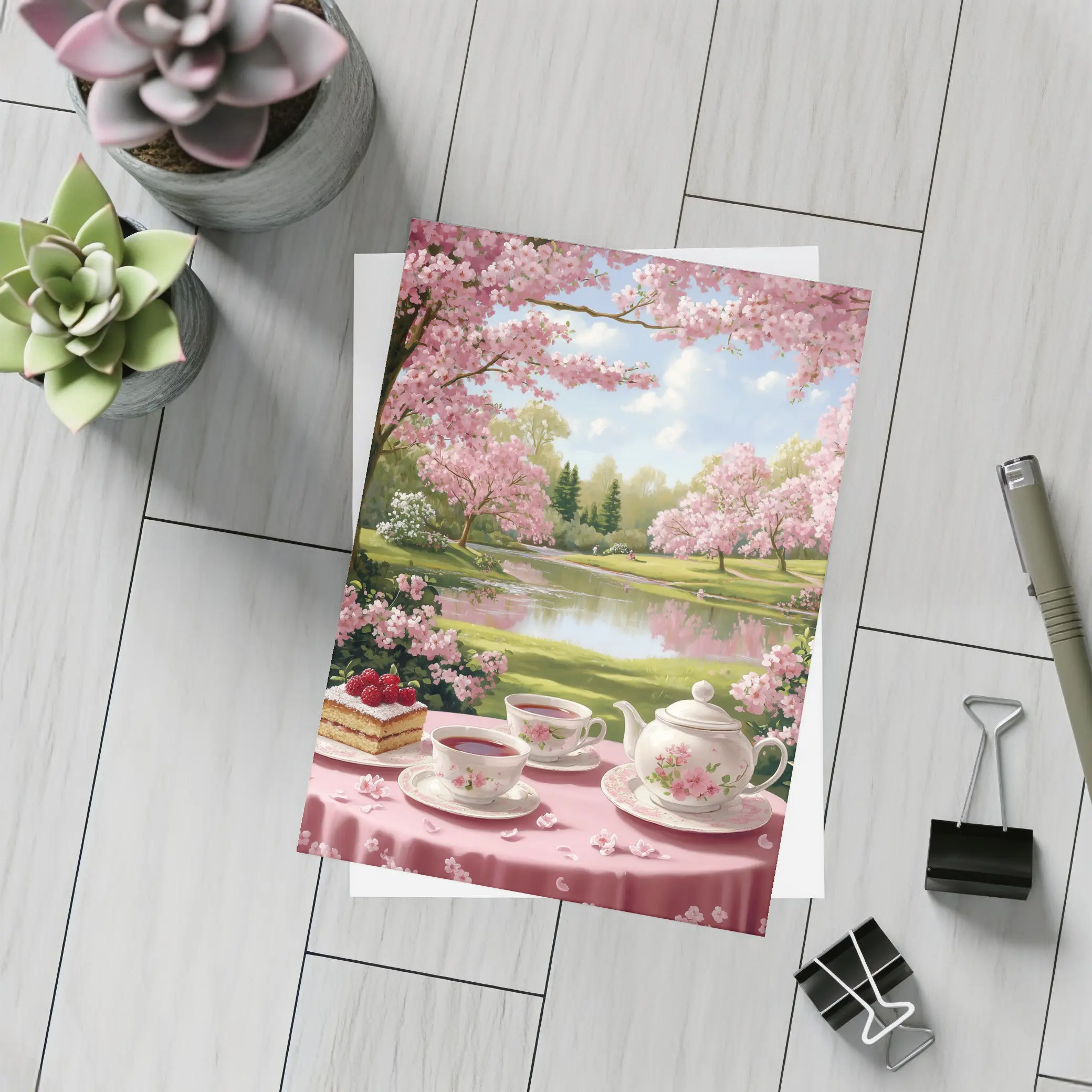 Cherry Blossom Tea Table Spring Park Scene – Postcards