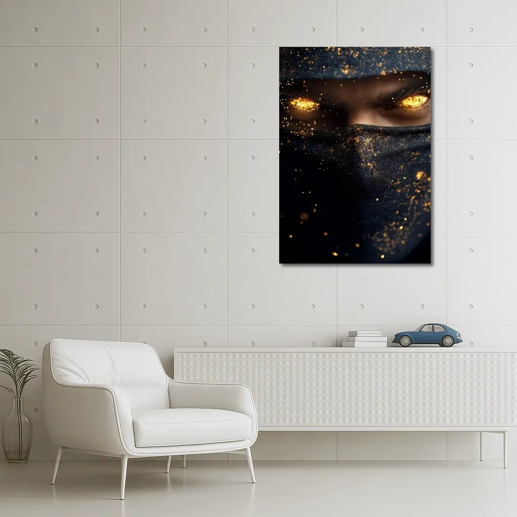 Masked Figure Glowing Gold Eyes Dark Background – Wall Art