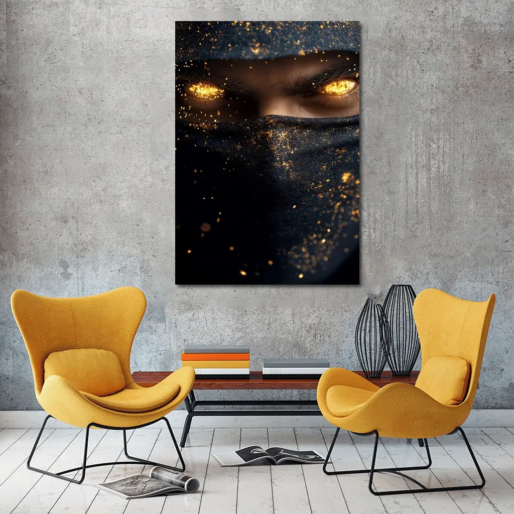Masked Figure Glowing Gold Eyes Dark Background – Wall Art