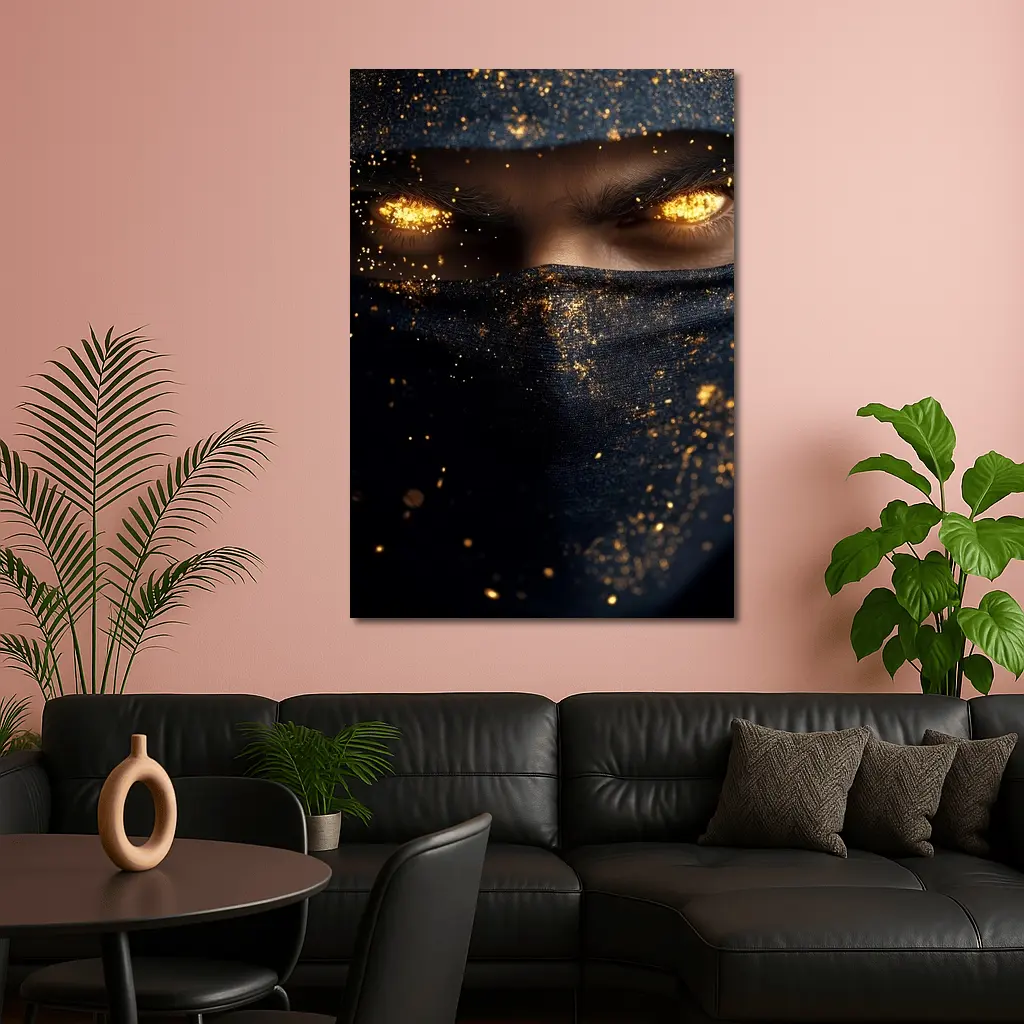 Masked Figure Glowing Gold Eyes Dark Background – Wall Art